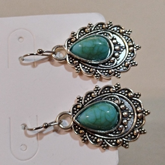 Boutique Jewelry - Ornate Silver Turquoise Teardrop Earrings